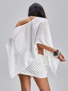TypaGal Top décontracté polyvalent pour usage quotidien pour femmes, de couleur unie, avec décoration d'épaule asymétrique et clous - Blanc - Voir 2
