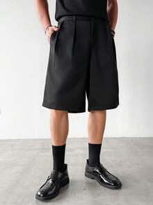 PAVTROS Men's Casual Pleated Pocket Shorts, Versatile Daily Wear Black Shorts For Men Man Short Pants Black Tailored Short - Black - View 3