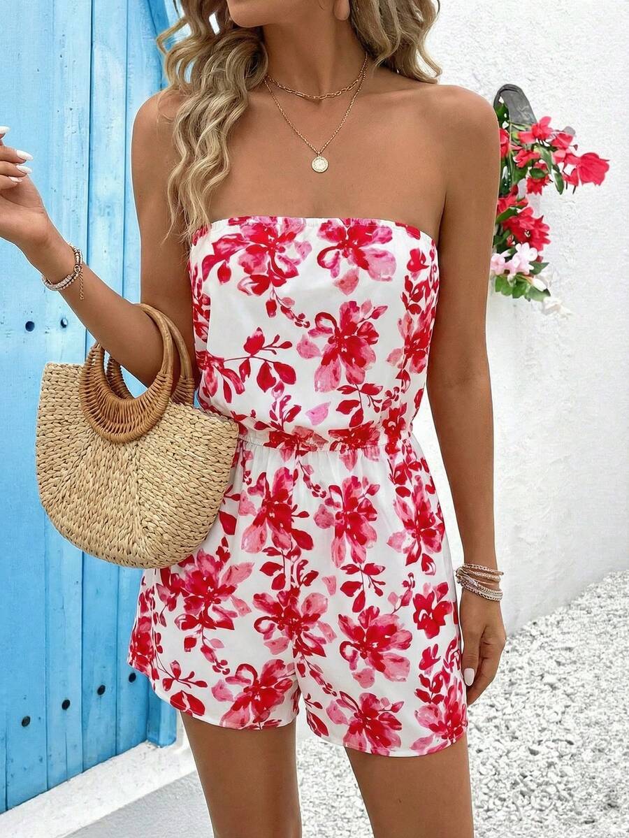Vivid Eden Women's Casual Elegant Romantic Vacation Printed Bandeau Jumpsuit, Spring/Summer Womens Summer Outfits Floral Playsuit Women Strapless Playsuit Womens Summer Playsuit Women Vacation Outfit,Summer Fresh Red White Floral Print Strapless Romper, Elastic Waist Slim Fit Wide Leg Short Jumpsuit, Vacation Off Shoulder Casual Playsuit, Beach Date Sweet Wear,Made Of Lightweight, Breathable Fabric, It's Ideal For Beach Trips, Daily Outings And Dates - Red and White - View 1
