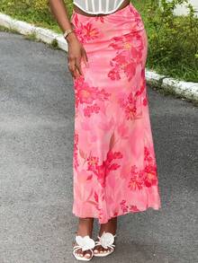 Mima John Women Elegant Floral Print Low Waist Skirt Summer Summer Outfits Summer Clothes Beach Outfits For Woman  Beach Vacation Vacation Outfits Woman Boho Tropical Vacation Woman Clothe Tropical Vacation Woman Clothe Floral - Pink - View 4