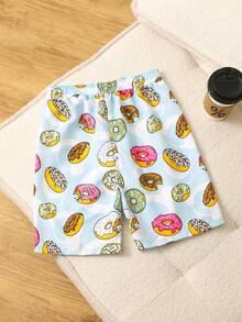 SHEIN 男童休闲时尚连体泳裤，甜甜圈印花沙滩短裤，抽绳设计，可调节松紧，适合度假穿着，解锁夏日时尚男童睡衣短裤、男童休闲短裤、男童睡裤、儿童平角内裤、儿童冰淇淋短裤、男士泳裤、抽绳泳裤、男童泳裤、沙滩儿童套装、男童青少年泳装、男士泳裤、图案泳裤 - 彩色 - 查看 2