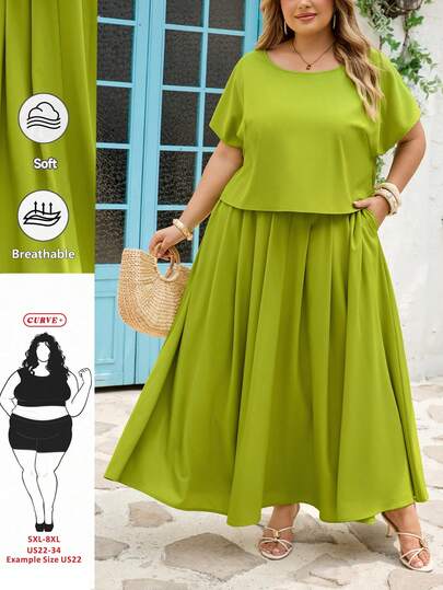 SHEIN CURVE+ Plus Size Women's Top And Skirt Two Pieces Set, Bohemian Resort Style, Summer