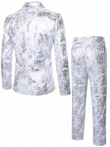 Manfinity AFTRDRK Men's Fashion White And Silver Paisley Print Suit Blazer & Pants Set, Elegant Slim Fit One Button Blazer For Wedding, Autumn Party, Banquet, Vintage Y2k, Ceremony - White - View 2