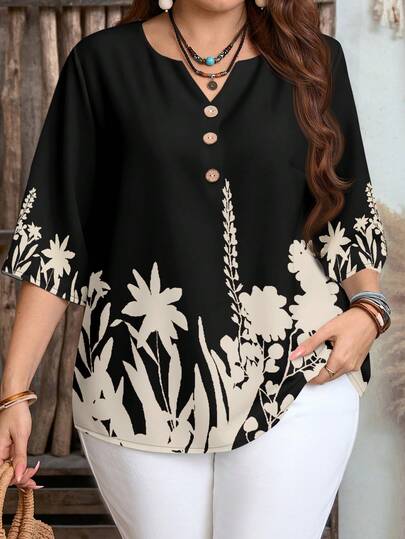 EMERY ROSE Camisa casual de mujer con cuello en V y estampado de plantas para vacaciones