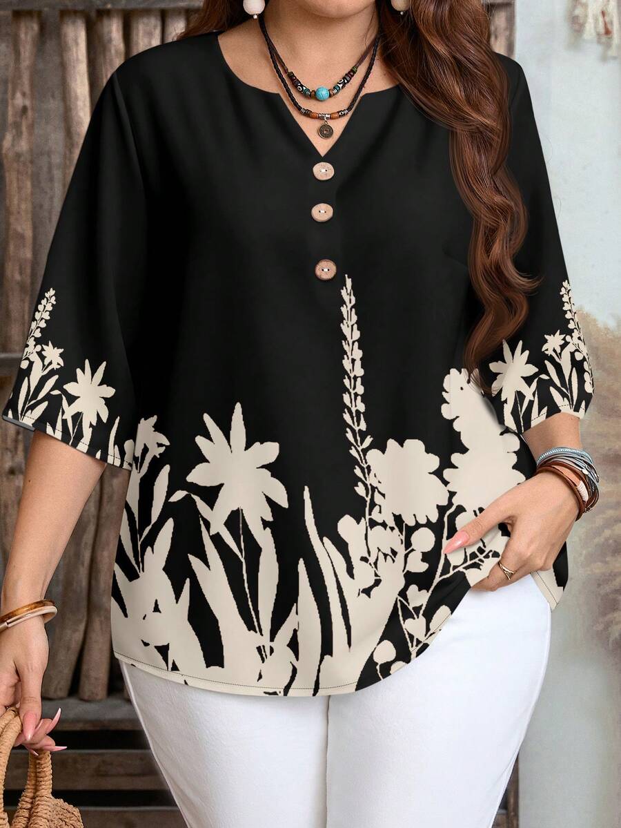 EMERY ROSE Women's Vacation Plant Pattern V-Neck Casual Shirt,Summer Top - Black - View 1