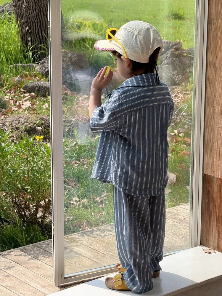 Toddler Boys' Korean Style Striped Collared Shirt And Loose Pants 2 Pieces Set