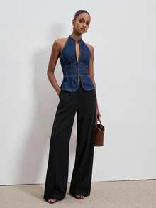 ATUI Studio Women's Front Button Closure Fitted Sexy Halter Denim Blouse - Blue - View 2