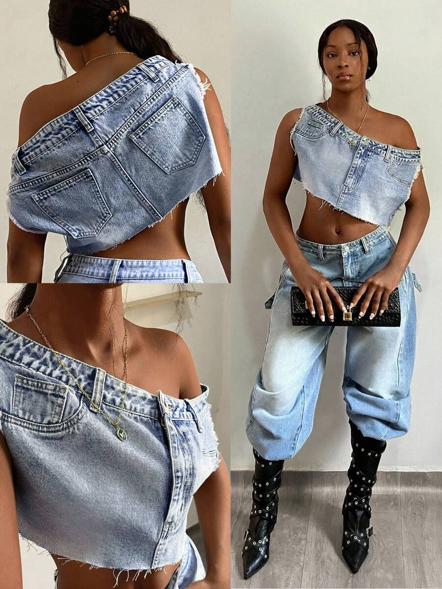 SHEIN PETITE Áo crop top denim nữ gợi cảm với gấu áo rách và vai bất đối xứng - Rửa nhẹ - Xem 1