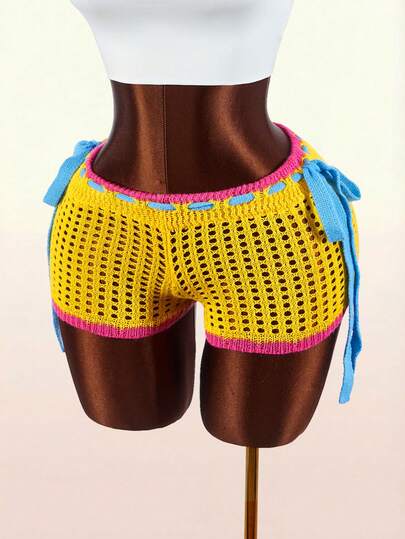 Amplova 女士撞色镂空系带针织短裤，适合海滩度假