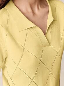 BizChic Women's Solid Color Polo Collar Diamond Pattern Knitted Short Sleeve Pullover Sweater, Suitable For Urban Commute, Business Casual, Holiday, Wedding Guest, Party, Summer - Yellow - View 7