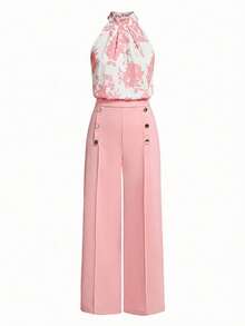 Ellevyn 大码优雅印花露背上衣和纽扣装饰长裤两件套，夏季 - 藕粉色 - 查看 2