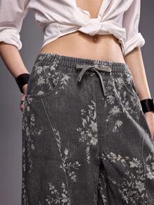 ROMWE Fairycore Vintage Retro Vintage Floral Print Loose Women's Baggy Jeans Everyday Dark Grey Summer - Multicolor - View 6