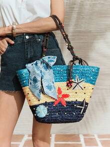 SHECARRY 撞色拼接草编包，海星花朵刺绣手提包，度假丝巾装饰单肩包（配件需自行组装） - 多色K - 查看 2