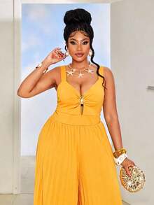 Maweii Plus Size Women's Orange Summer Elegant Vacation Wide Leg Jumpsuit, V-Neck Spaghetti Strap Metal Buckle Decor Hollow Out Waist Outfit Party - Orange - View 6