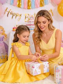 Glamorique Kids Đầm cưới hoa cho bé gái, đầm công chúa thanh lịch thắt eo với nơ, phù hợp cho mọi mùa. - Màu vàng - Xem 1