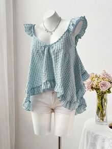 Sweetra Summer New Pink Plaid Asymmetrical Ruffle Design Fashionable Sleeveless Camisole - Baby Blue - View 3
