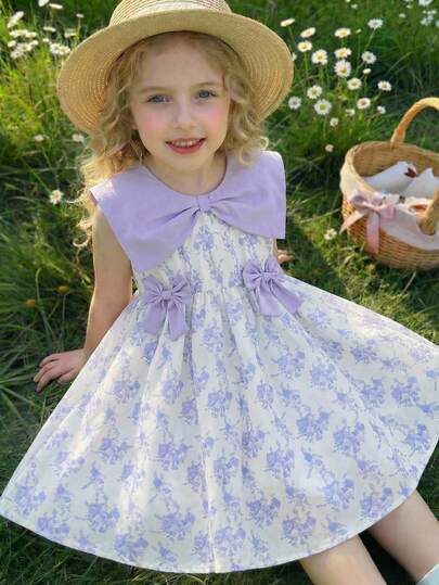 Souflis Souflis 1件女童夏季新款粉色缎面蝴蝶结领编织蝴蝶提花面料腰部松紧腰甜美可爱时尚休闲优雅公主风中长连衣裙，适合派对/生日/表演