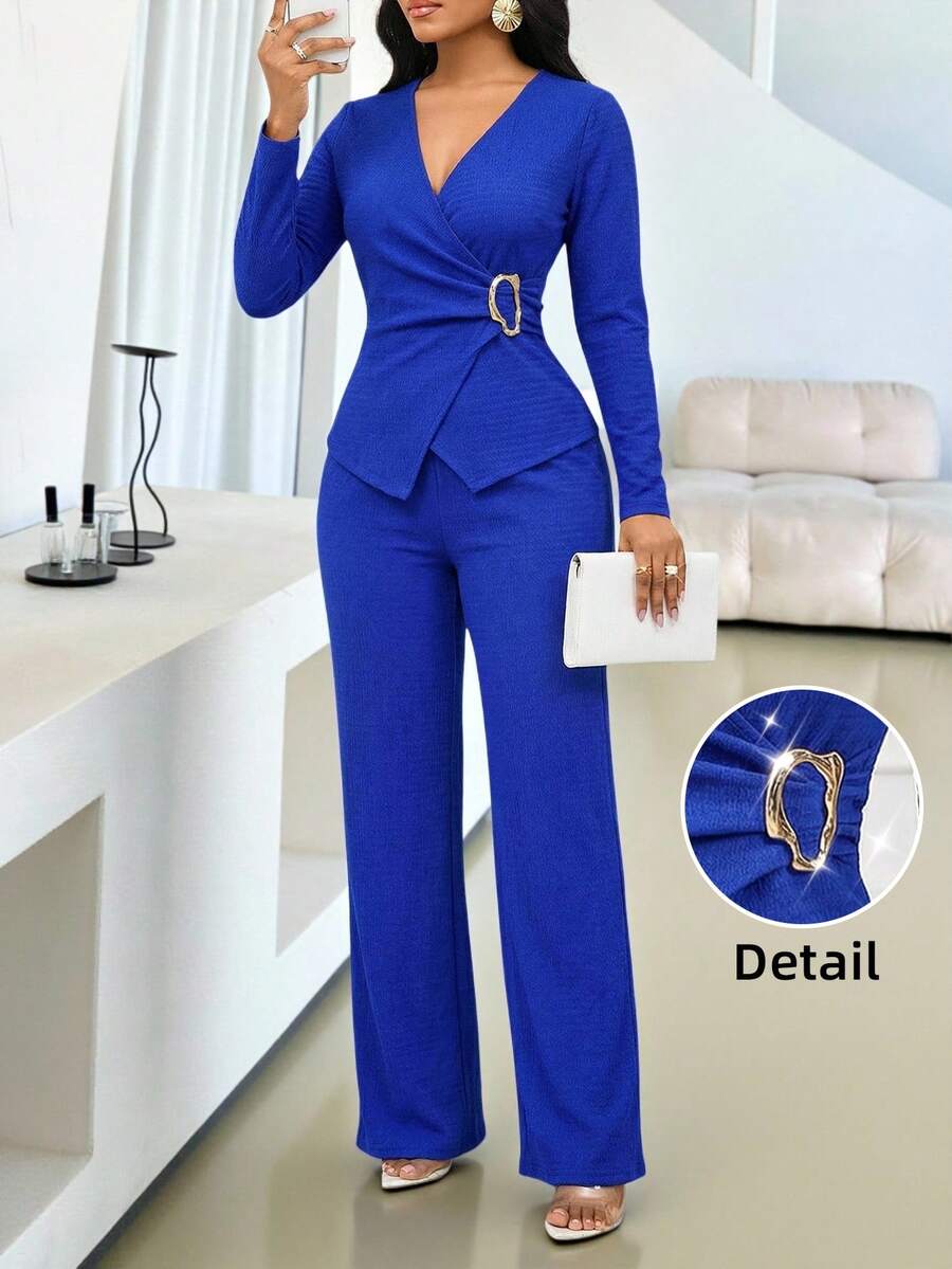 SHEIN Lady Ensemble 2 pièces élégant pour femmes, Top à manches longues avec col V croisé et pantalon de couleur unie - bleu indigo - Voir 1