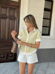 Pariaura Yellow Patchwork Contrast Color Lapel Pocket Casual Smart Casual Short Sleeve Shirt For Women Vacation Summer - Light Yellow - View 4