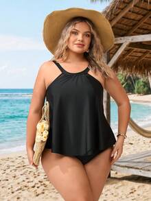 SHEIN CURVE+ Bộ đồ bơi tankini hai mảnh màu trơn phối lưới dành cho nữ cỡ lớn năm 2026, kiểu dáng thoải mái, giúp thon gọn vòng bụng, thích hợp cho kỳ nghỉ hè và đi biển. - màu đen - Xem 3