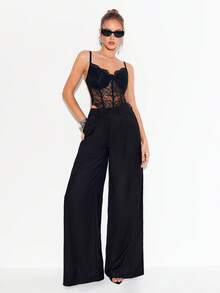 Femmeiva Pantalon de costume noir pour femme, pantalon ample avec design patchwork en dentelle - Noir - Voir 1
