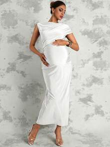 MaterniChic Elegant Solid Color Maternity Dress For Summer - White - View 9