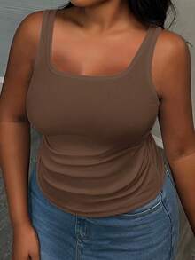 Slaydiva Women Plus Size Basic Deep V-Neck Sleeveless Slim Fit Ribbed Ruched Side Camisole Tank Top, Brown Semi-Sheer None, Summer Smart Casual - Khaki - View 2
