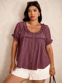 Elaquor Plus Size Casual Solid Color Short Sleeve Shirt, Summer - Red Violet - View 3