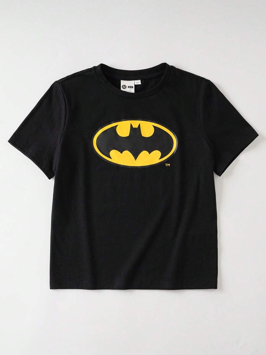 BATMAN X SHEIN Áo thun tay ngắn cổ tròn in hình hoạt hình dành cho bé trai tuổi teen - màu đen - Xem 1