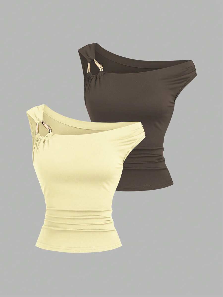 Sweetra 2pcs/Set Asymmetric Collar Fitted T-Shirt, Versatile Casual Top, Spring/Summer - Multicolor - View 1