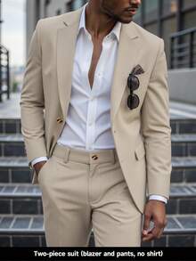 Calvornis 男士纯色商务通勤西装外套和裤子套装 - 卡其色 - 查看 4