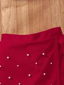 Sparklyn Girls' Bowknot Pearl Camisole Top And Pearl Skort 2-Piece Set, Red, Comfortable, Elegant, Suitable For Party, Outdoor, School, Vintage, Chic Mermaid Skirt And Top Set Red Mini Skirt Cute Outfits For Girls 8 Years Old Girl Outfit Teen Girl Clothes 2 Piece Sets - Red - View 8