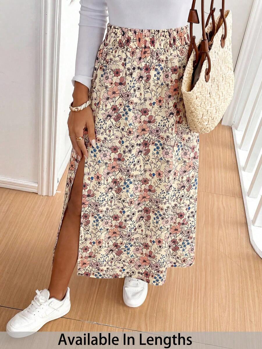 SHEIN PETITE CURVE Chân váy dài cỡ lớn màu đen in hoa phong cách Bohemian, kiểu dáng retro, thích hợp cho kỳ nghỉ, lễ hội âm nhạc, du lịch biển, quà tặng cho mẹ, phù hợp cho mọi mùa. - Nhiều màu - Xem 1