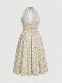 Sweetness Plus Size Ditsy Floral Knit Fabric Comfortable Waist Cinched Halter Maxi Dress, Spring/Summer Vacation - Yellow - View 5