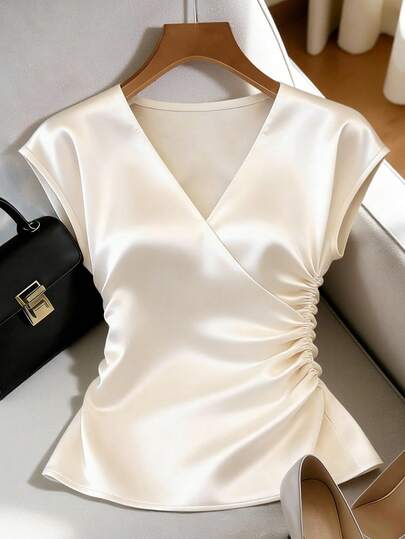 Franclia Blusa elegante de mujer con cuello en V y fruncido en color albaricoque, adecuada para un estilo elegante, uso en verano y atuendo de vacaciones de primavera