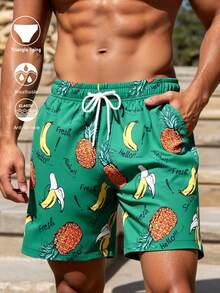 Manfinity Swimmode Men's Pineapple & Banana Print Drawstring Waist Pocket Beach Shorts - Green - View 3