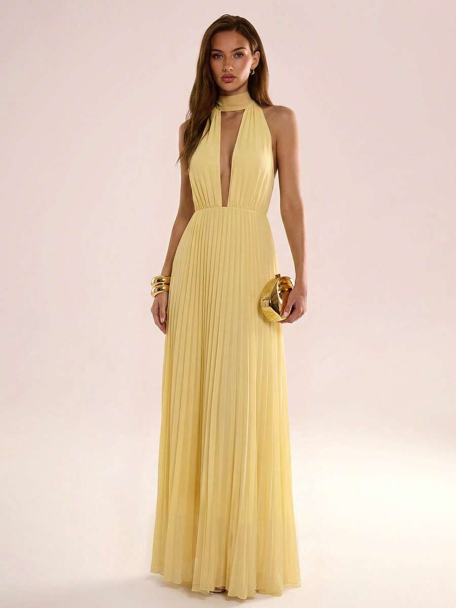 Avenya Đầm dài chấm đất cổ chữ V với dây buộc cổ bằng vải chiffon xếp ly. - Màu vàng ngỗng - Xem 1