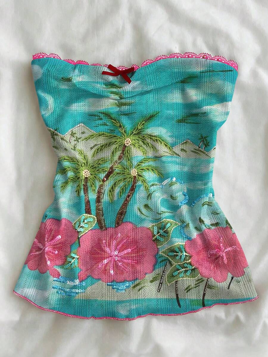 Glimmora 2026 Summer Women Tropical Palm Tree Embroidered Strapless Tube Top Beaded Lace Trim Vacation Cami Top For Beach  - Multicolor - View 1