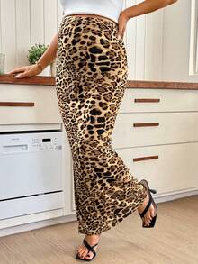 SHEIN 可调节腰围孕妇豹纹开衩裙，优雅迷人 - 彩色 - 查看 4