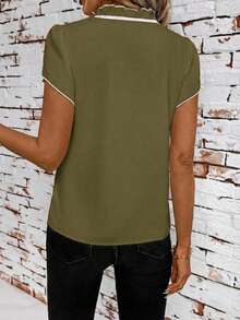 SHEIN Clasi Figurbetonte Damen-Bluse mit Kontrastfarbe und kurzen Ärmeln, Olivgrün, elegant, smart casual, Büro, Sommeroutfit, Lehrerin, Country-Stil, Lehrertag - Armeegrün - Übersicht 2