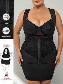 SHEIN CURVE+ Áo định hình cơ thể cỡ lớn có thể điều chỉnh, với phần eo ôm sát, nâng hông và kiểm soát vùng bụng, màu đen. Đây là một chiếc áo định hình cơ thể phối ren với họa tiết ren và hoa 3D. - màu đen - Xem 10