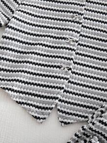 Summer Tween Girl Striped Bow Decor Button Round Neck Short Sleeve T-Shirt And Casual Pants Set Summer Outfits - Grey - View 8