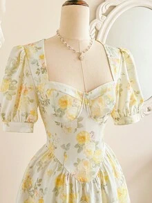 Vintamour 复古优雅女士连衣裙，碎花连衣裙，休闲度假连衣裙，心形领口，泡泡袖，夏季女装，夏季服装，夏季女装，春季服装，春季女装，春季连衣裙，女士节日服装，节日连衣裙，优雅派对连衣裙，优雅派对连衣裙，婚礼宾客连衣裙，毕业礼服，优雅女装，度假连衣裙，乡村风格女装 - 淡黃色 - 查看 6