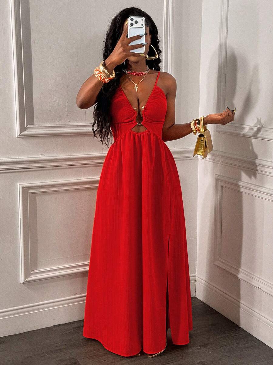 Glyssa Women's Sexy Spaghetti Strap Backless Criss-Cross Front Hollow U-Shaped Buckle Ruched Hem High Slit Dress - Red - View 1