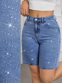 SHEIN Tall Quần short denim ôm sát thời trang mùa hè dành cho nữ, thích hợp cho các bữa tiệc, dạo chơi, nghỉ lễ, du lịch. Thiết kế đính đá lấp lánh, trang trí đá, có túi. - Rửa trung bình - Xem 6