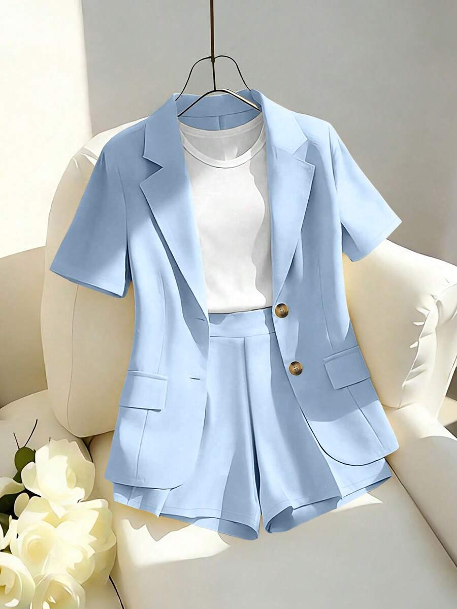 Franclia Bộ trang phục công sở thanh lịch, thoải mái, gồm áo khoác ngắn tay kiểu blazer màu vàng và quần short/quần ống rộng, thích hợp cho nữ mùa xuân/hè. - Màu xanh nhạt - Xem 1