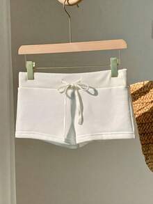 Comfortcana Comfortable Minimalist White Drawstring Fitted Shorts, Chic, Suitable For Outings, Beach Vacations, Festivals, Wedding Parties, Y2K - White - View 3