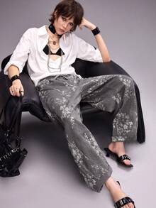 ROMWE Fairycore Vintage Retro Vintage Floral Print Loose Women's Baggy Jeans Everyday Dark Grey Summer - Multicolor - View 3