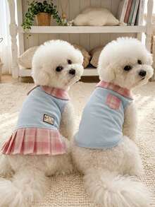 PETSIN Conjunto de ropa de pareja de mascota con estilo preppy a cuadros rosa y azul, conjunto de collar, falda plisada y chaleco con bolsillo para gatos y perros, para usar en primavera/verano - Multicolor - Ver 2