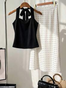 Franclia 女士优雅吊带背心和波点印花鱼尾裙套装，适合春夏外出和约会 - 彩色 - 查看 3